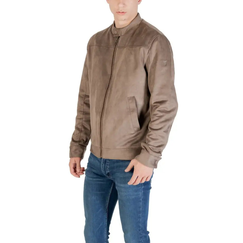 Men’s brown suede-like bomber jacket with front zipper and side pockets for Fall Winter style