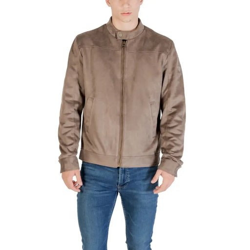 Men’s brown faux suede bomber jacket with band collar and zip front for Fall Winter style