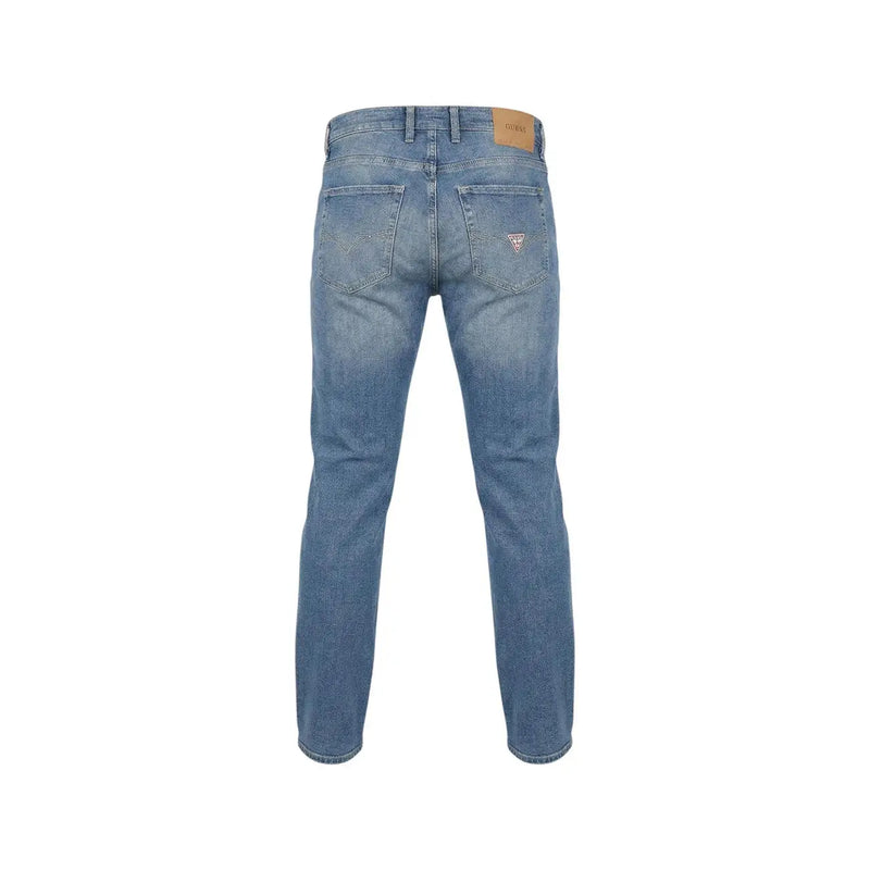 Back side of light-wash blue cotton stretch guess men jeans with classic straight-leg cut and logo on pocket