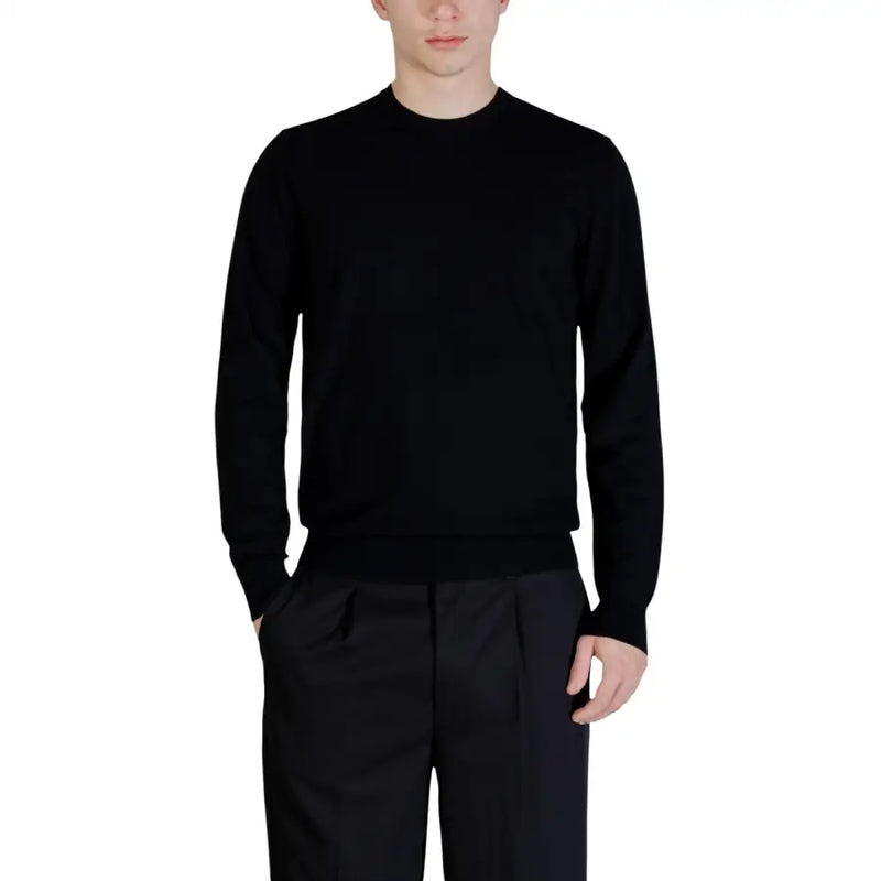Guess Kadir Tech Herren-Strickwaren, schwarzer Langarm-Rundhalspullover mit geripptem Saum und bequemer Passform