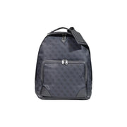 Dunkelgrauer Prada-Rucksack mit sich wiederholendem Monogrammmuster und Lederbesatz, abgebildet mit guess Herren Milano graue Kunstledertasche