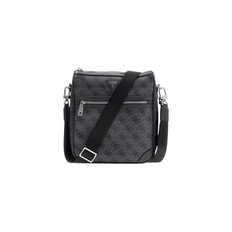 Schwarz guess Umhängetasche mit sich wiederholendem Monogrammmuster und silberfarbenen Beschlägen aus Kunstleder für Herren, B 22 cm