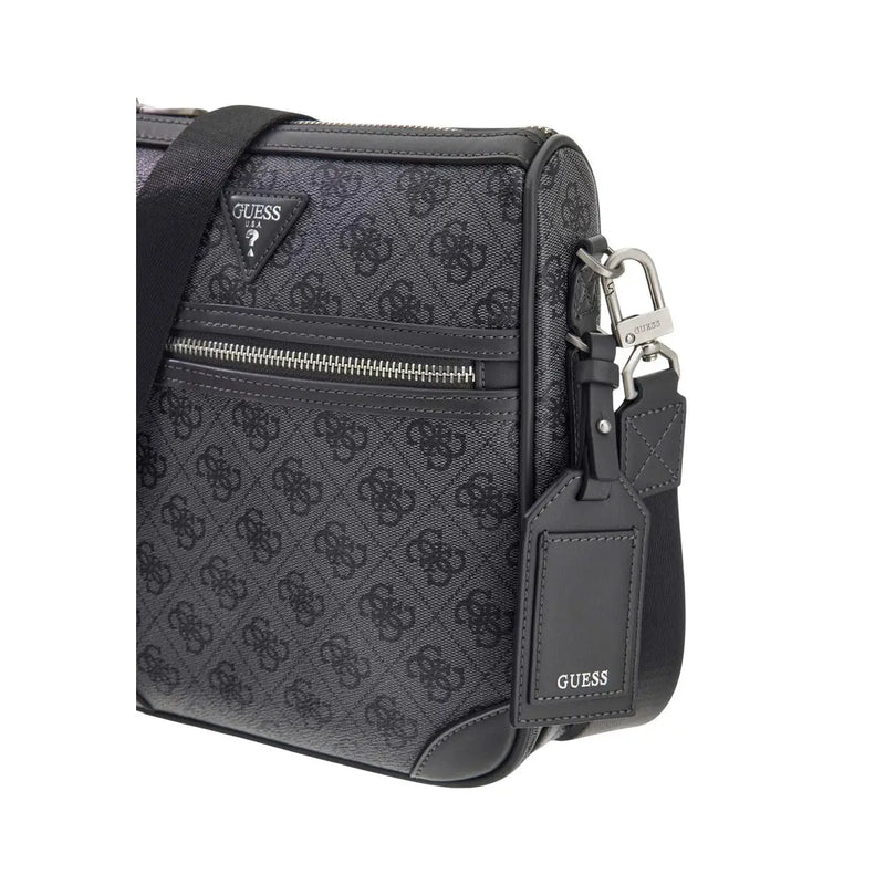 Schwarz Guess Milano Umhängetasche für Herren aus Kunstleder mit grauem, sich wiederholendem Monogrammmuster und Lederakzenten