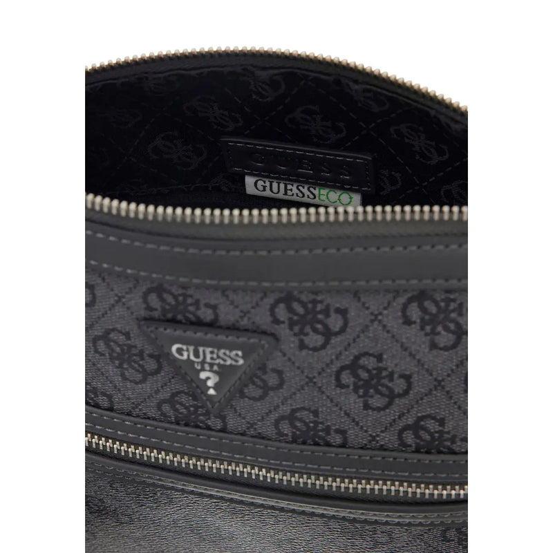 Schwarz Guess Ökologische Umhängetasche mit sich wiederholendem Monogrammmuster und silberfarbenen Reißverschlüssen in Lederoptik