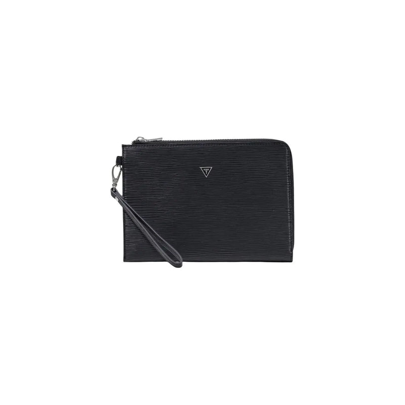 Guess Kleine Milano-Kulturtasche für Herren aus schwarzem Kunstleder mit silberfarbenem, dreieckigem Logo und Reißverschluss