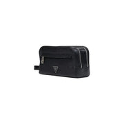 Schwarzes, strukturiertes Leder guess Herren-Kulturbeutel Milano, klein, mit silbernen Reißverschlüssen und dreieckigem Logo W22