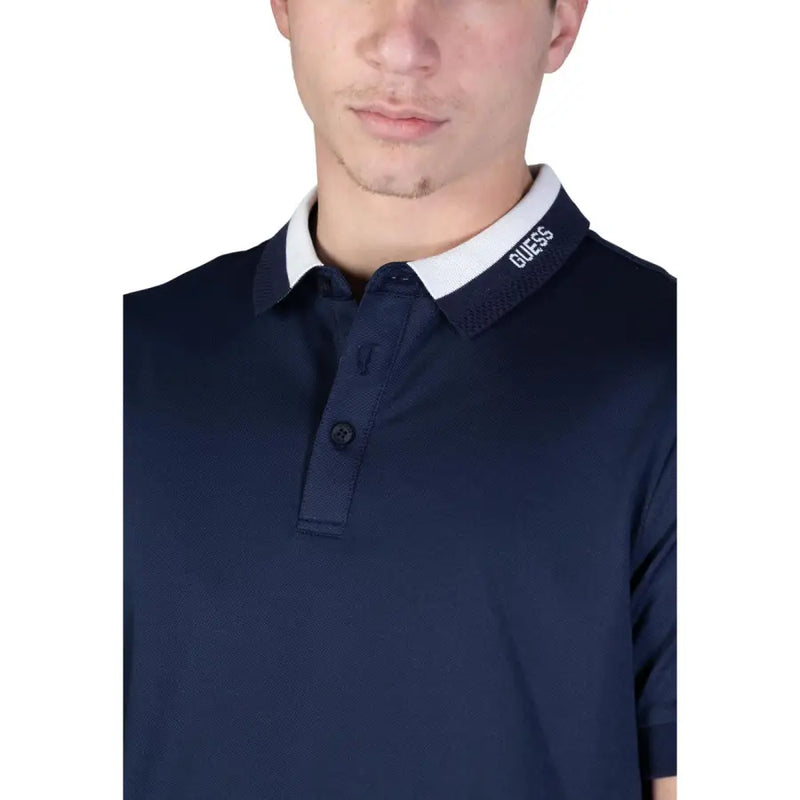Guess Herren-Poloshirt, marineblau, Baumwolle, Kurzarm, mit weißem Kragen und Guess Logo auf der inneren Kragenkante aufgestickt