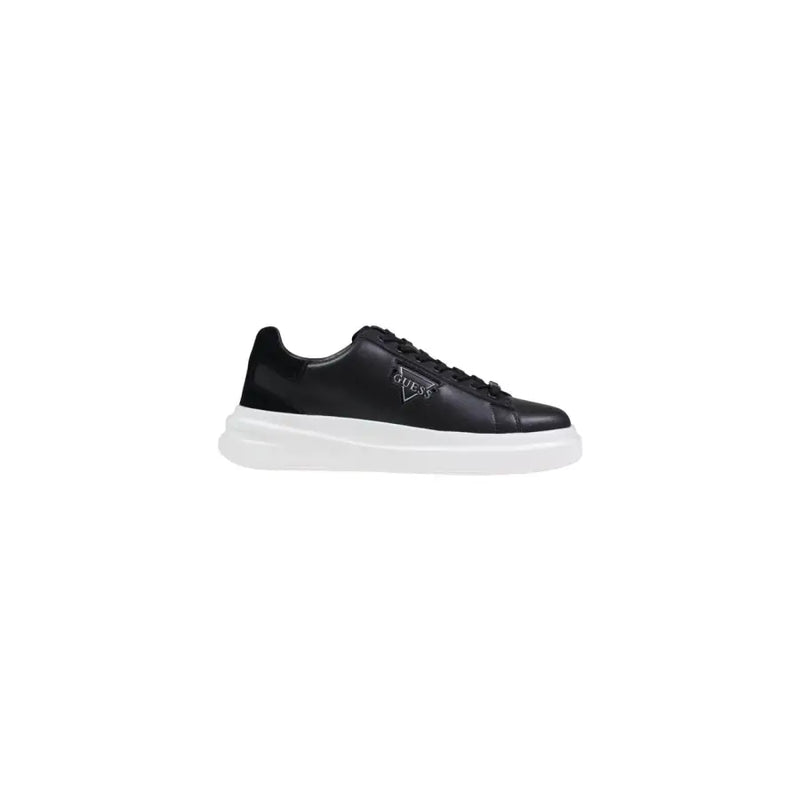 Guess Herren-Sneaker Elban, schwarze Wildleder-Polyester-Schuhe mit glänzender Oberfläche und weißer Gummisohle, Ansicht von der Rückseite