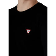 Schwarz Guess Männer t-shirt mit einem kleinen roten dreieckigen, gestickten Logo aus Baumwollstoff auf der Brust