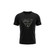 Schwarz Guess Männer t-shirt mit einem metallisch-goldenen dreieckigen Logo mit Markennamen und Fragezeichen-Design