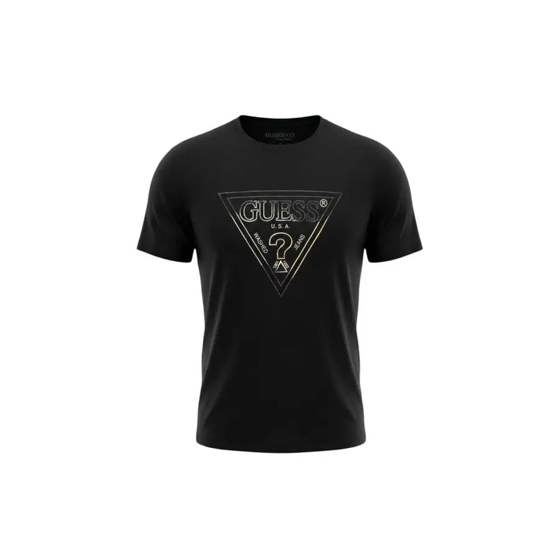Schwarz Guess Männer t-shirt mit einem metallisch-goldenen dreieckigen Logo mit Markennamen und Fragezeichen-Design