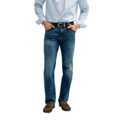 Blaue Jeans mit klassischem geradem Bein und dezenter Waschung kombiniert mit Guess Herrenhose beige Baumwollmischung Angels Slim Fit