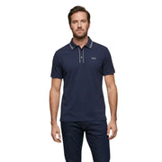 Marineblau Guess Herren-Poloshirt mit weißem Besatz an Kragen und Knopfleiste, Kurzarm, aus Baumwollmischgewebe