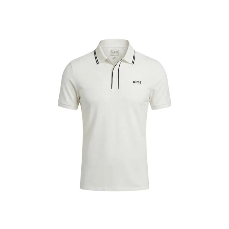 Guess Weißes Herren-Poloshirt mit kurzen Ärmeln aus Baumwollmischgewebe, schwarzem Kragenbesatz und dezentem, gesticktem Logo auf der Brust