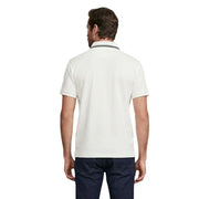 Guess Weißes Herren-Poloshirt mit kurzen Ärmeln aus Baumwollmischgewebe, cremefarbenem Korpus und weißem Kragen mit schwarzen und marineblauen Streifen