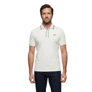 cremefarben Guess Herren-Poloshirt mit kurzen Ärmeln aus Baumwollmischgewebe mit schwarzem Besatz an Kragen und Knopfleiste
