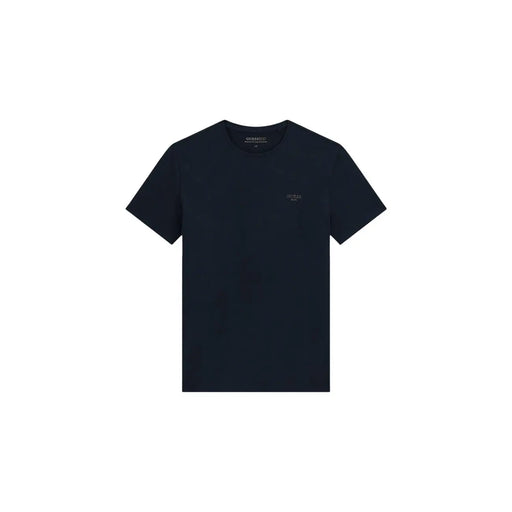 Ein elegantes Schwarz Guess Herren-T-Shirt aus Baumwolle mit Rundhalsausschnitt und dezentem, gesticktem Logo auf der Brust in extra schmaler Passform