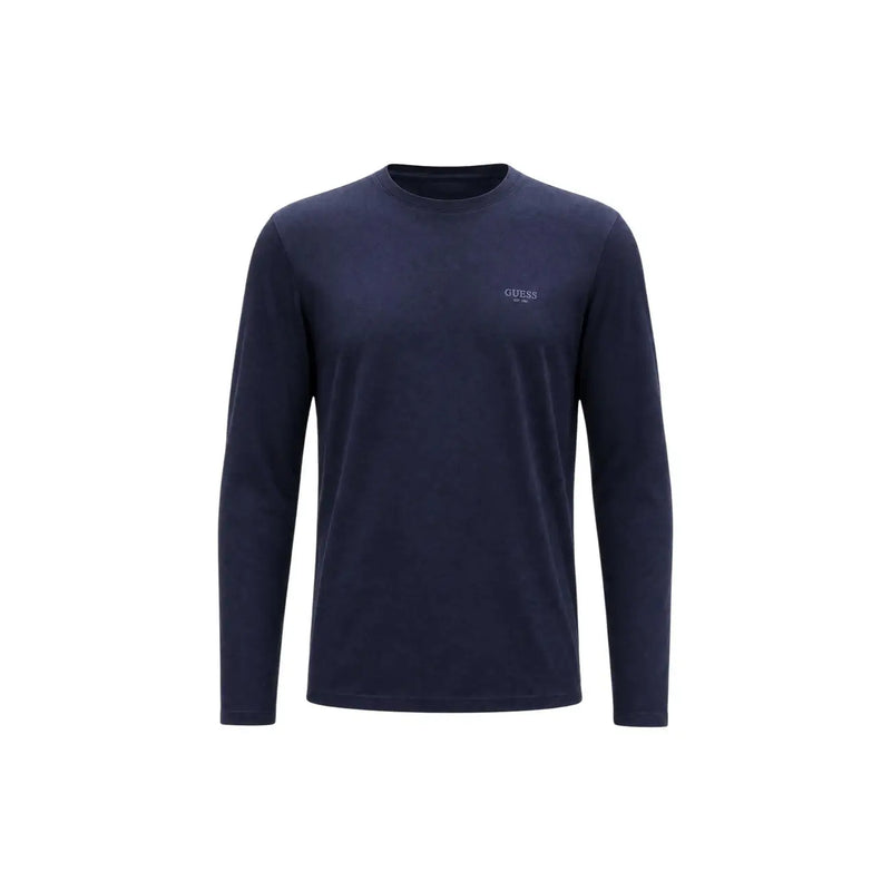 Guess Blaues, schmal geschnittenes Herren-T-Shirt aus Baumwolle mit dunkelblauen, langärmeligem Rundhalsausschnitt und dezentem, gesticktem Logo auf der linken Brust.