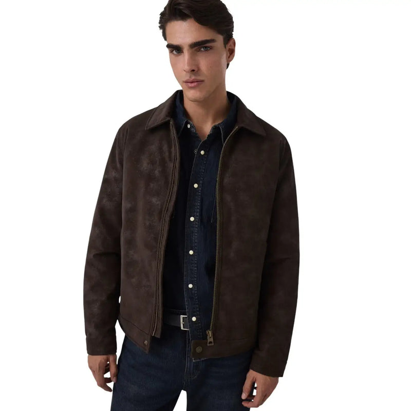 Guess Braune Herren-Bomberjacke aus Wildleder mit klassischem Kragen und Frontreißverschluss in stilvollem Kunstleder-Design