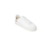 Guess men’s white leather low-top sneakers with gold-tone cork heel tab and matching metallic eyelets