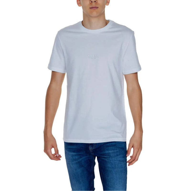 Guess men’s white round neck cotton t-shirt with subtle embroidered logo on the chest in crew-neck style