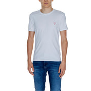 Guess men’s white round neck cotton t-shirt with a small pink triangular logo on the left chest