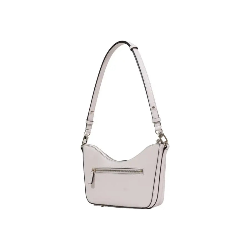 Guess pink polyurethane handbag with off-white leather shoulder bag featuring curved top and silver-toned zipper detail