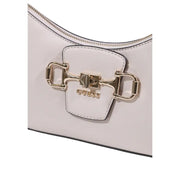 White Guess polyurethane handbag with gold-tone horsebit clasp and black stitching featuring zip pockets