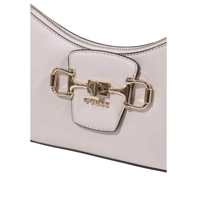 White Guess polyurethane handbag with gold-tone horsebit clasp and black stitching featuring zip pockets