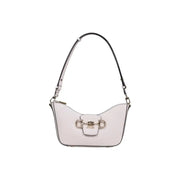 A sleek white Guess polyurethane handbag with a black strap and metallic clasp featuring zip pockets