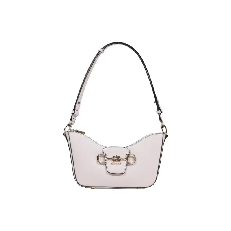 A sleek white Guess polyurethane handbag with a black strap and metallic clasp featuring zip pockets