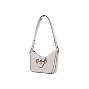 A sleek white Gucci shoulder bag in leather with a signature horsebit clasp and matching strap displayed