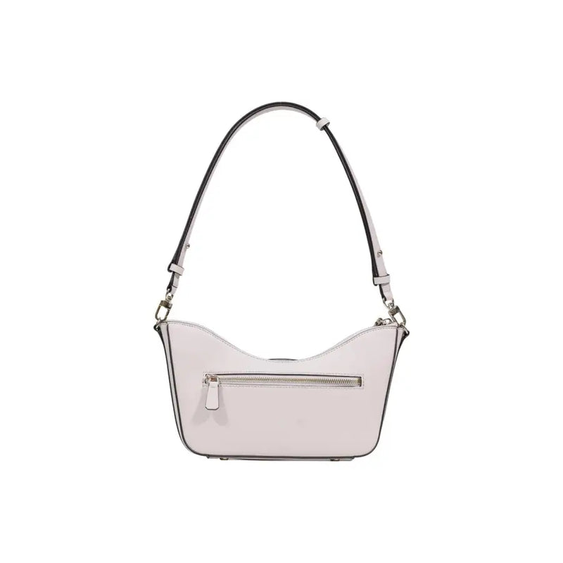 Guess pink polyurethane handbag featuring zip pockets and a sleek light gray leather shoulder bag with black trim