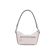Guess pink polyurethane handbag featuring zip pockets and a sleek light gray leather shoulder bag with black trim