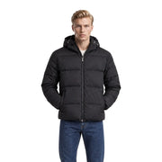 Guess Schwarze Steppjacke aus Wildleder für Herren mit gesteppter Kapuze und mittigem Reißverschluss, Vorderansicht
