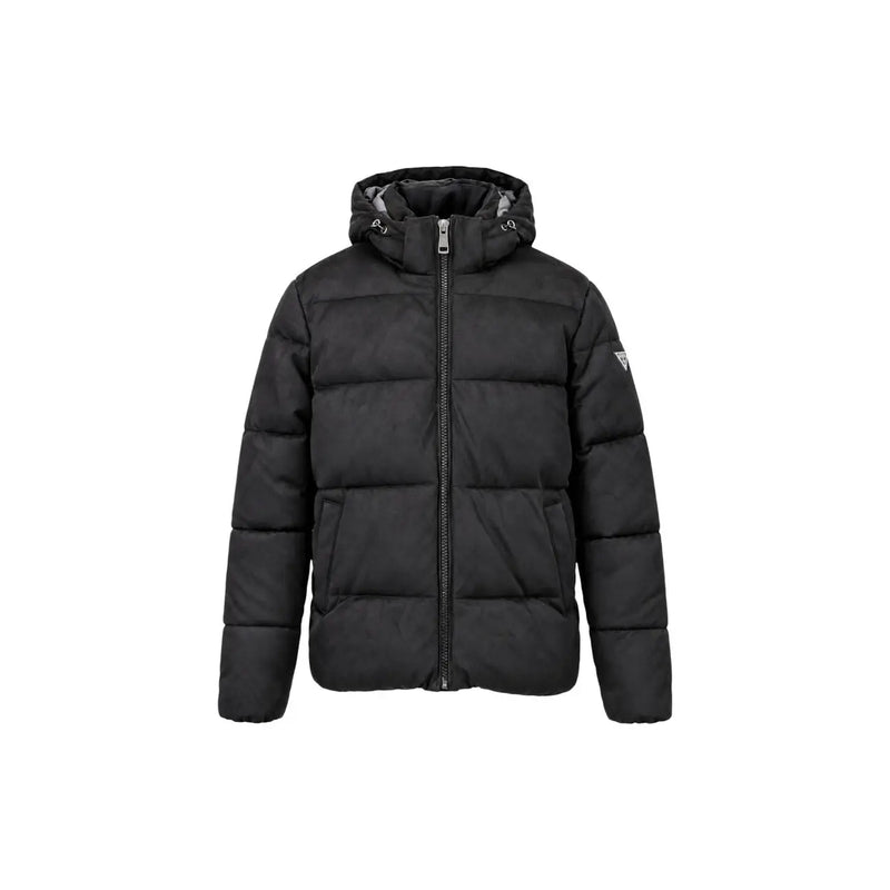 Guess Schwarze Steppjacke aus Wildleder für Damen mit Kapuze, Vorderansicht