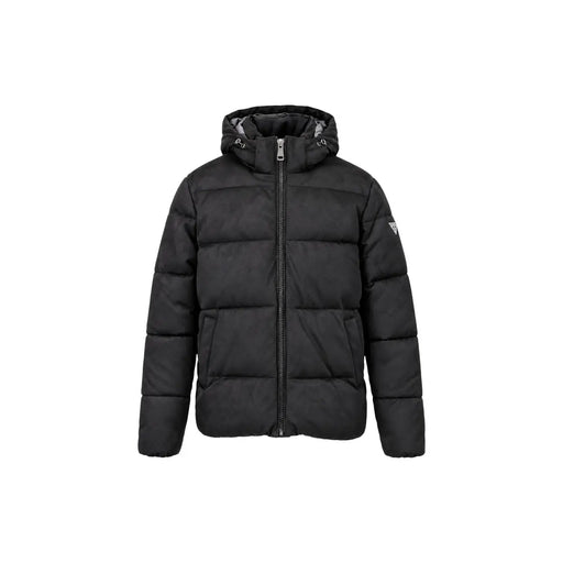 Guess Schwarze Steppjacke aus Wildleder für Damen mit Kapuze, Vorderansicht