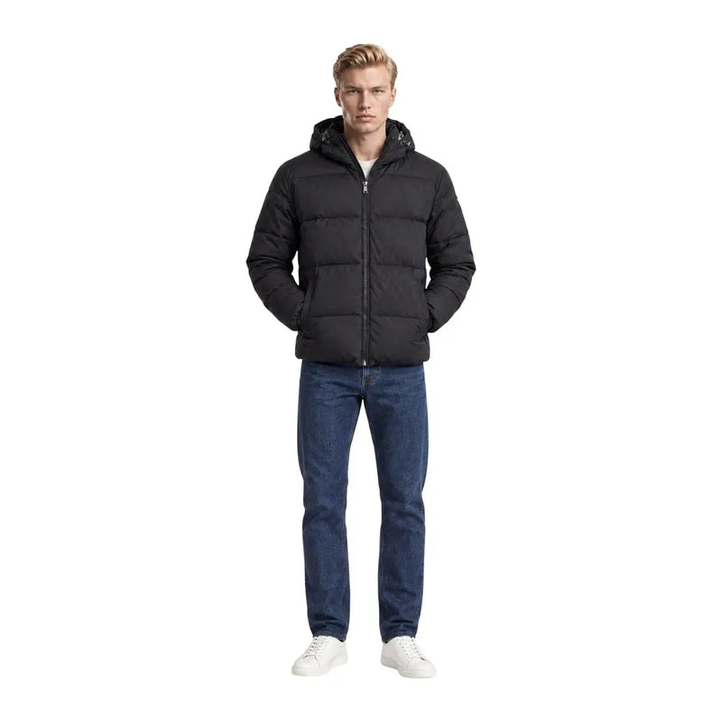 Guess Schwarze Damen-Steppjacke aus Wildleder mit Kapuze, Vorderansicht