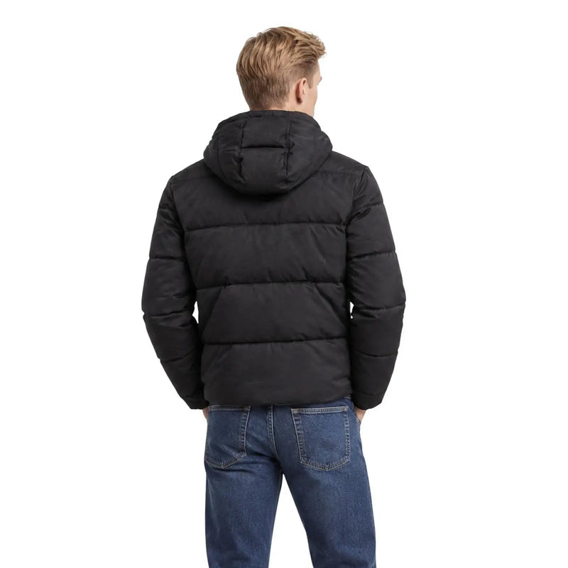 Guess Schwarze Damen-Steppjacke aus Wildleder mit Kapuze und horizontalen Ziernähten, Vorderansicht