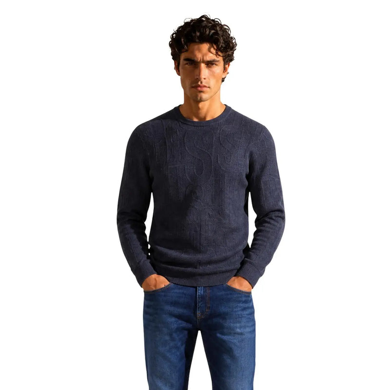 Guess NESTOR Herrenpullover aus marineblauem, strukturiertem Strick mit geprägtem Muster, Vorderansicht