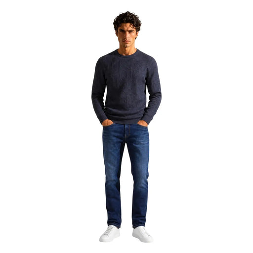 Guess NESTOR Herrenpullover aus marineblauem, strukturiertem Strickmaterial mit Rundhalsausschnitt, Vorderansicht