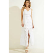 White cotton v-neck maxi dress by Guess with straps, embroidered detail, and side slit for elegant wear
