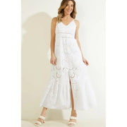 Guess white cotton v-neck maxi dress with straps featuring delicate circular embroidered patterns