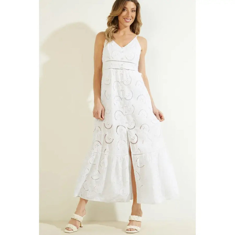Guess white cotton v-neck maxi dress with straps featuring delicate circular embroidered patterns