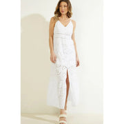 White cotton v-neck maxi dress by Guess with straps, embroidered detail, and side slit for elegant wear