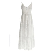 Guess white cotton v-neck maxi dress with eyelet lace fabric and button-front detailing with straps