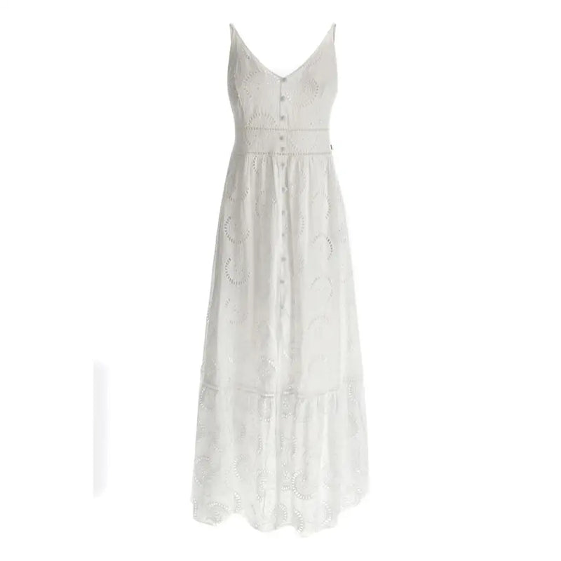 Guess white cotton v-neck maxi dress with eyelet lace fabric and button-front detailing with straps
