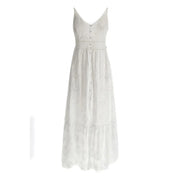 Guess white cotton v-neck maxi dress with eyelet lace fabric and button-front detailing with straps