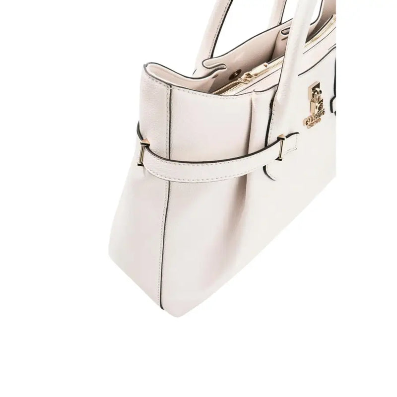 A sleek white polyurethane Guess handbag tote with gold-tone hardware and a minimalist design with shoulder strap