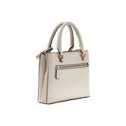 Cream-colored Guess leather handbag with gold-tone hardware and structured design with shoulder strap